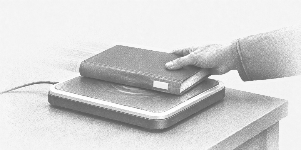 A book being scanned individually with an RFID reader