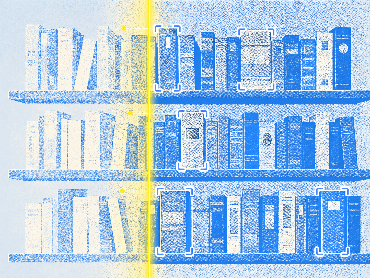Three shelves of books converted into scannable data