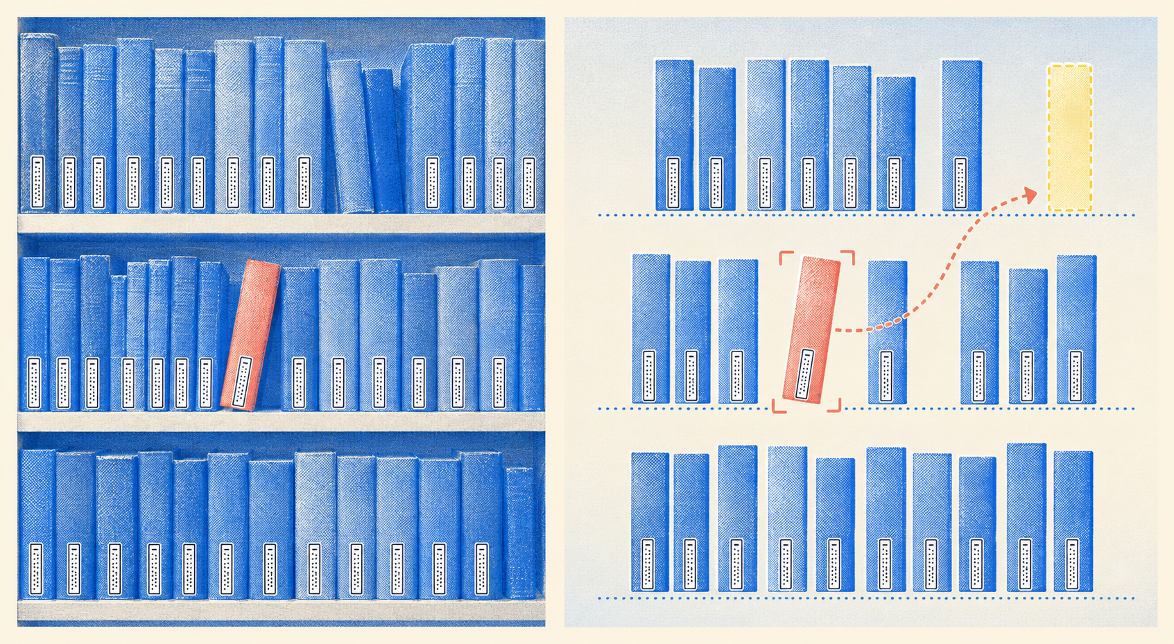 A library shelf with URCODE detecting a misplaced book and its expected position