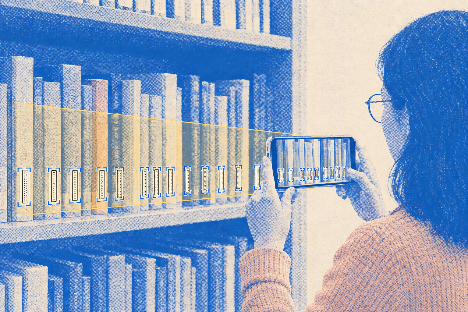 A librarian scanning multiple books on a shelf with a smartphone